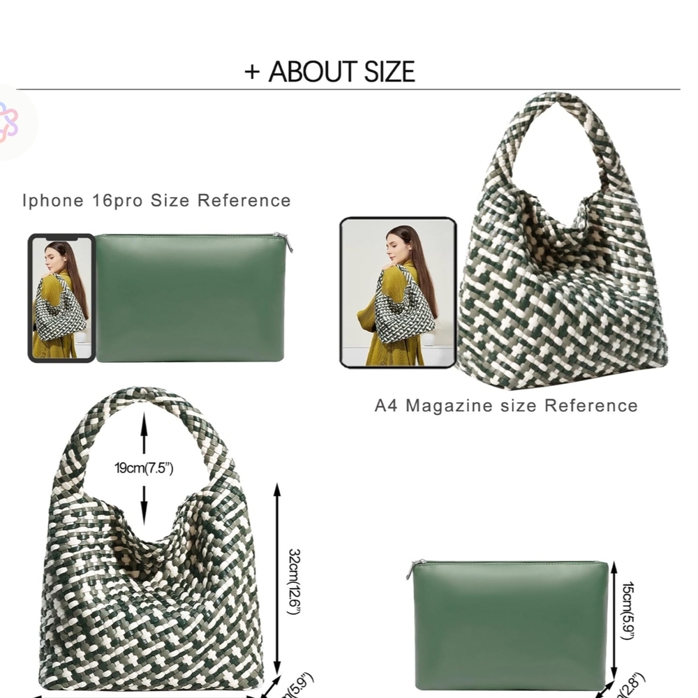 Stylish Vegan Leather Hand Woven Tote Bag Green Cream Handbag Shoulder Purse - Picture 13 of 15
